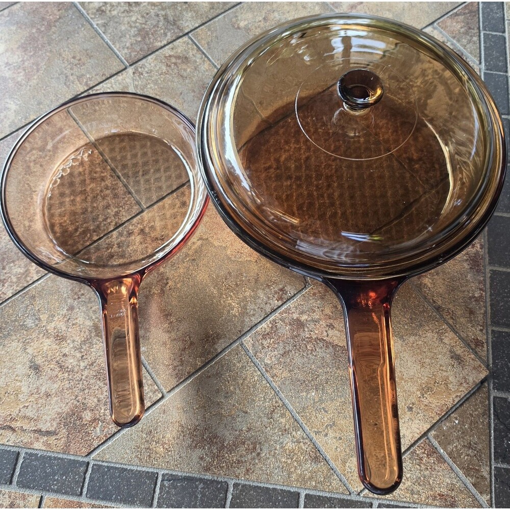Vintage Corning Visions Amber Glass 10" Deep Skillet w Lid & 7" Frying Pan Set 3